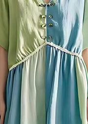Art Sky Blue V Neck Patchwork Chinese Button Cotton Dress Summer