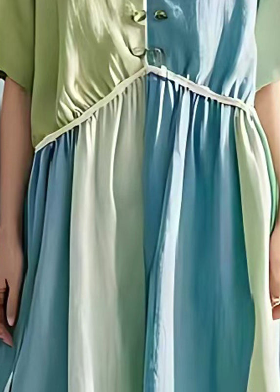 Art Sky Blue V Neck Patchwork Chinese Button Cotton Dress Summer