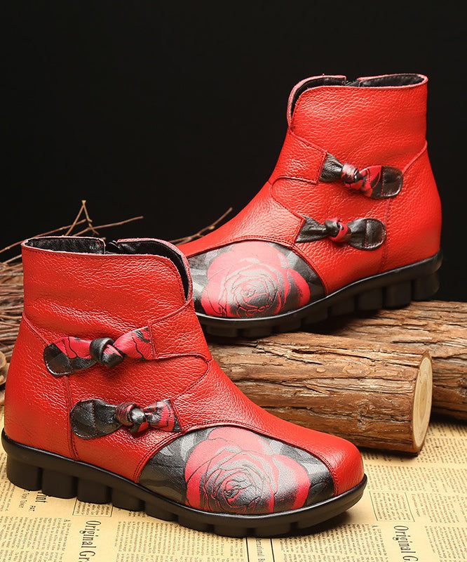 Art Splicing Embossed Ankle Boots Red Cowhide Leather