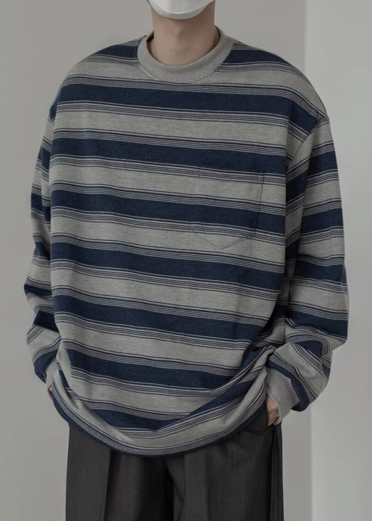 Art Striped O-Neck Cotton Men Pullover T Shirt Spring