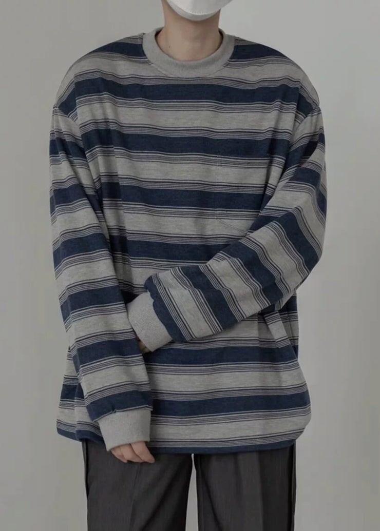 Art Striped O-Neck Cotton Men Pullover T Shirt Spring