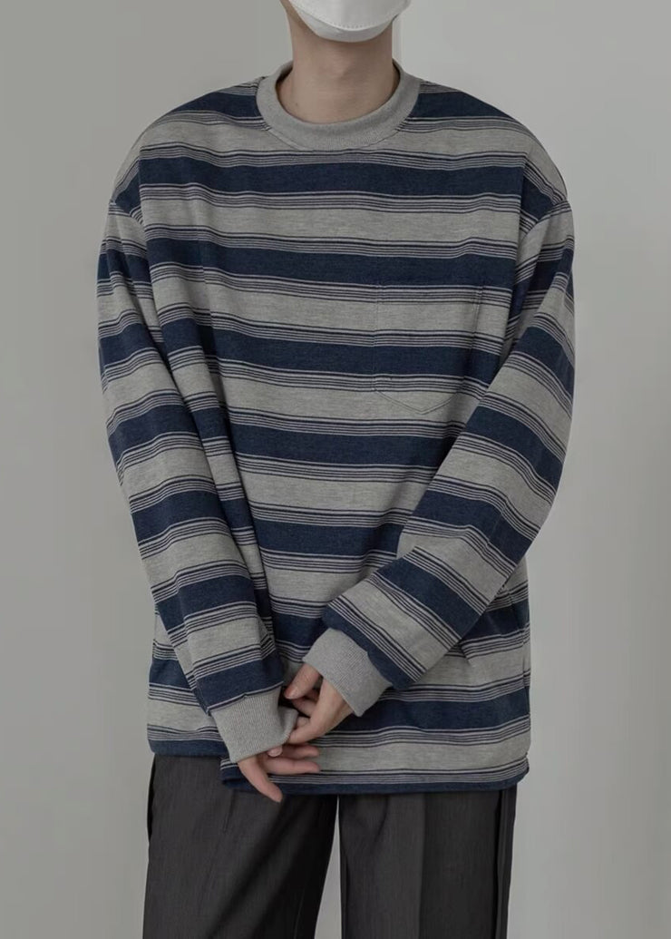 Art Striped O-Neck Cotton Men Pullover T Shirt Spring