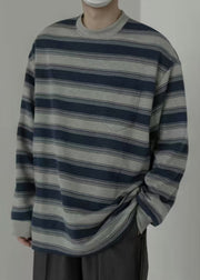 Art Striped O-Neck Cotton Men Pullover T Shirt Spring