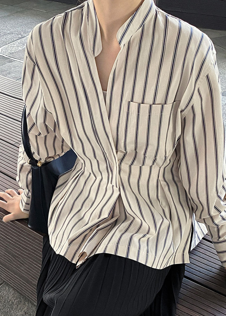 Art Striped Stand Collar Flattering Shirt Long Sleeve