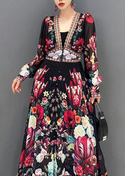 Art V Neck Print Chiffon Long Dresses Fall