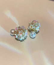 Art White Alloy Acrylic Pearl Zircon Floral Stud Earrings