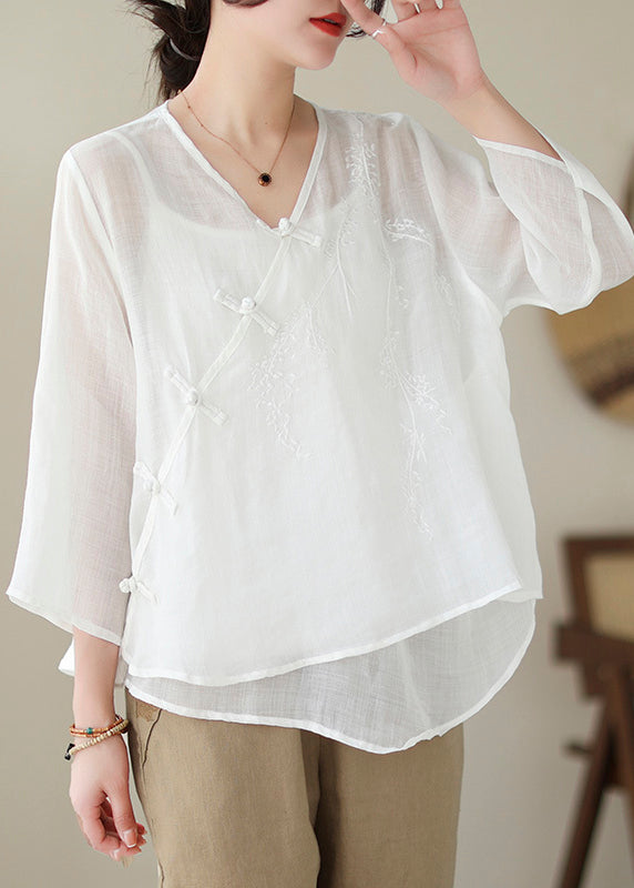 Art White Asymmetrical Embroidered Chinese Button Linen Shirt Tops Summer