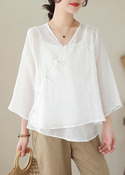 Art White Asymmetrical Embroidered Chinese Button Linen Shirt Tops Summer