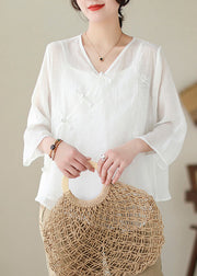 Art White Asymmetrical Embroideried Chinese Button Linen Shirt Tops Summer