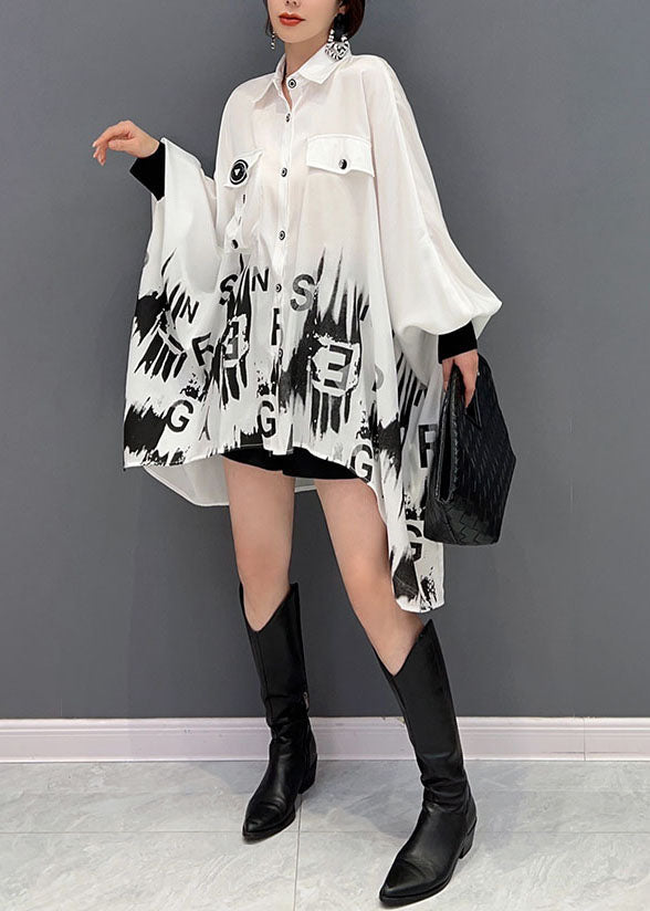 Art White Asymmetrical Oversized Print Chiffon Shirt Top Batwing Sleeve