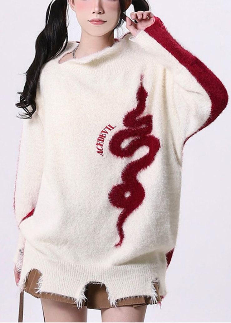 Art White Asymmetrical Patchwork Knit Sweaters Spring