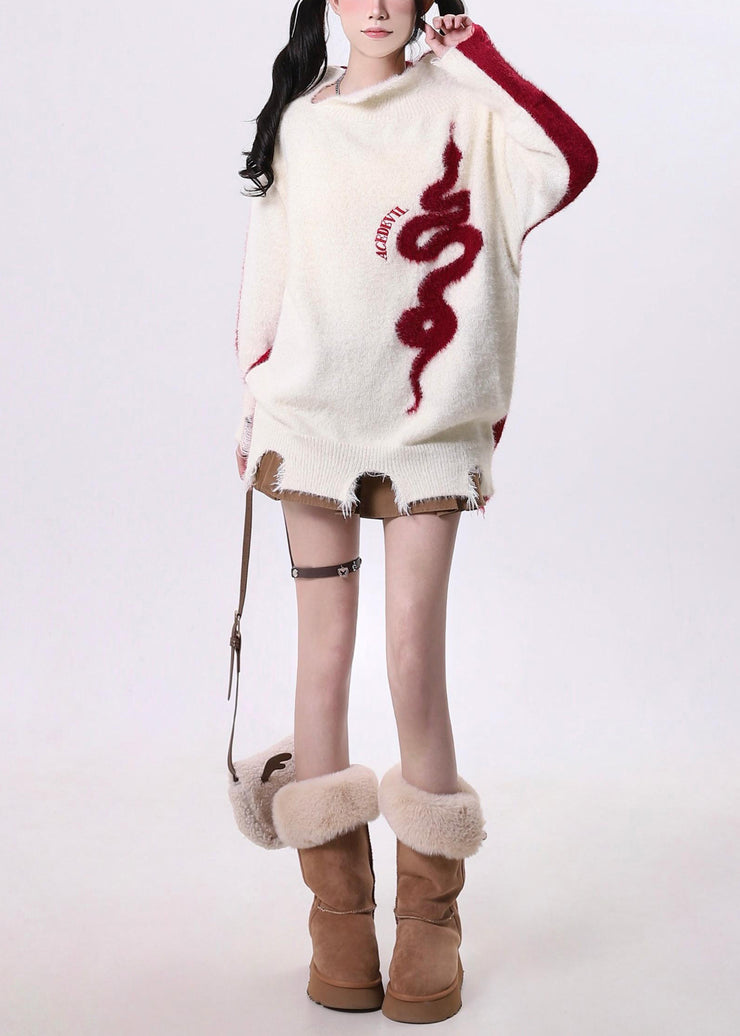 Art White Asymmetrical Patchwork Knit Sweaters Spring