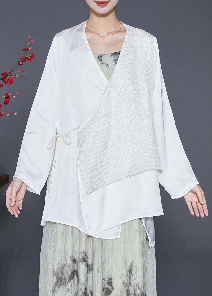 Art White Asymmetrical Patchwork Lace Up Silk Shirts Fall