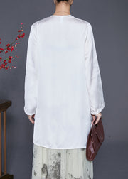 Art White Asymmetrical Patchwork Lace Up Silk Shirts Fall