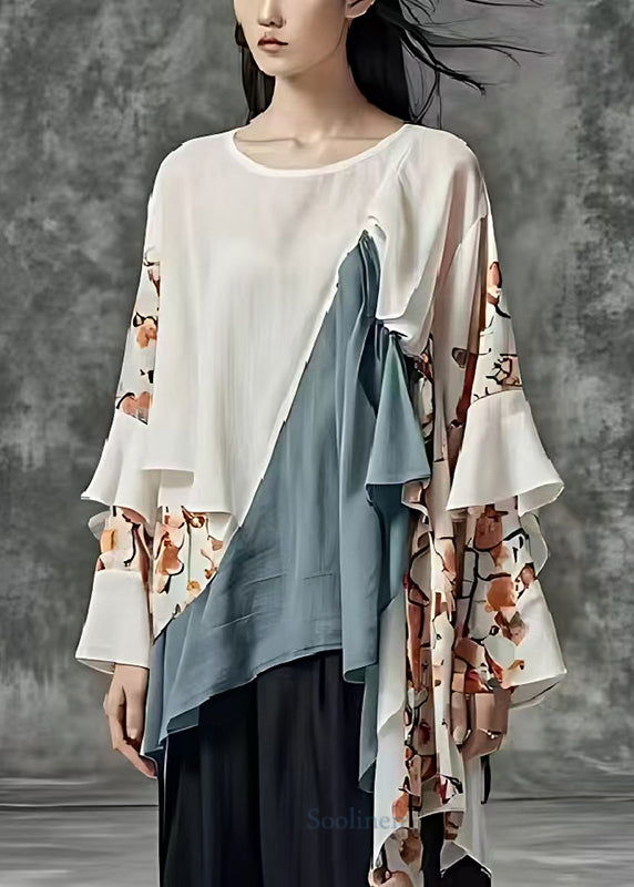 Art White Asymmetrical Patchwork Print Cotton Blouses Spring