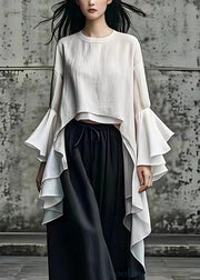 Art White Asymmetrical Solid Cotton Top Flare Sleeve