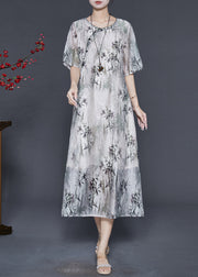 Art White Bamboo Leaf Print Silk Oriental Dress Summer