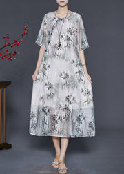 Art White Bamboo Leaf Print Silk Oriental Dress Summer