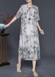 Art White Bamboo Leaf Print Silk Oriental Dress Summer