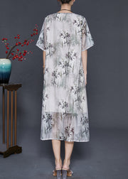 Art White Bamboo Leaf Print Silk Oriental Dress Summer