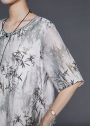 Art White Bamboo Leaf Print Silk Oriental Dress Summer