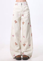 Art White Bear Embroidered Patchwork Lace Denim Straight Pants Spring