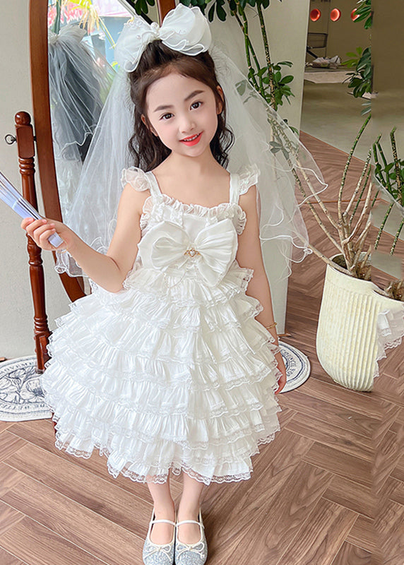 Art White Bow Patchwork Tulle Girls Long Spaghetti Strap Dress Summer