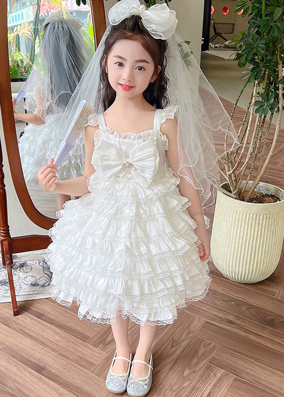 Art White Bow Patchwork Tulle Girls Long Spaghetti Strap Dress Summer