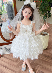 Art White Bow Patchwork Tulle Girls Long Spaghetti Strap Dress Summer