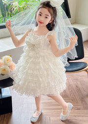 Art White Bow Patchwork Tulle Girls Long Spaghetti Strap Dress Summer