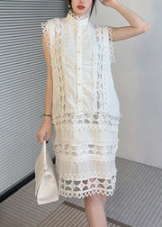 Art White Button Hollow Out Lace Dress Sleeveless