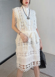 Art White Button Hollow Out Lace Dress Sleeveless