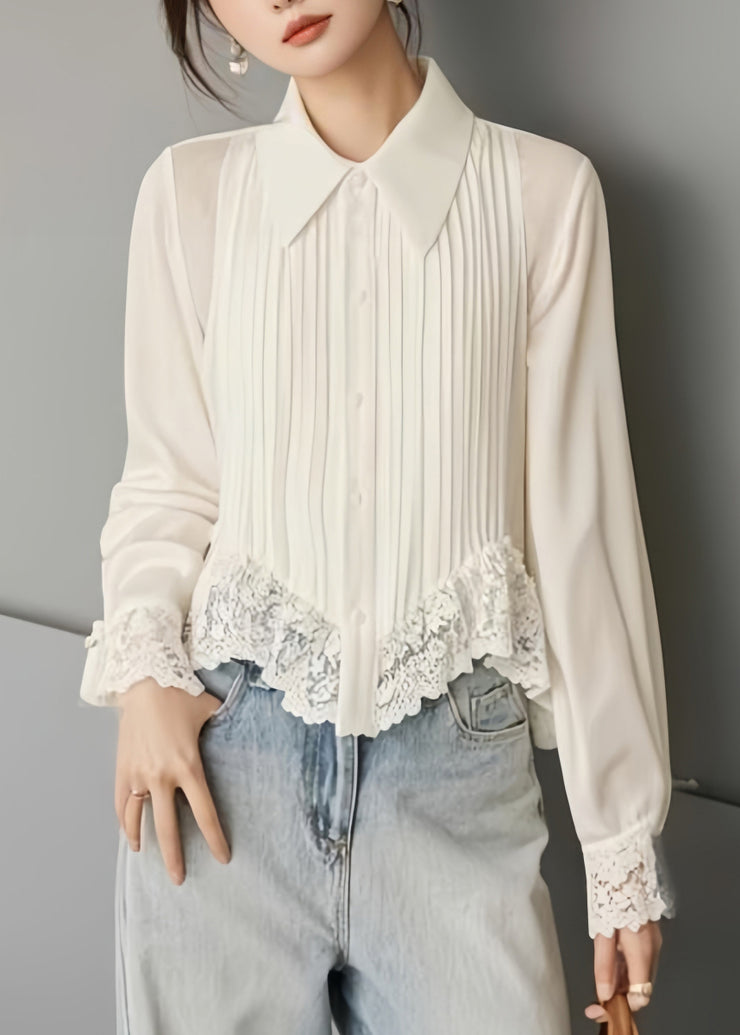 Art White Button Lace Solid Chiffon Blouses Spring