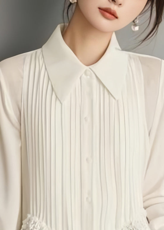 Art White Button Lace Solid Chiffon Blouses Spring