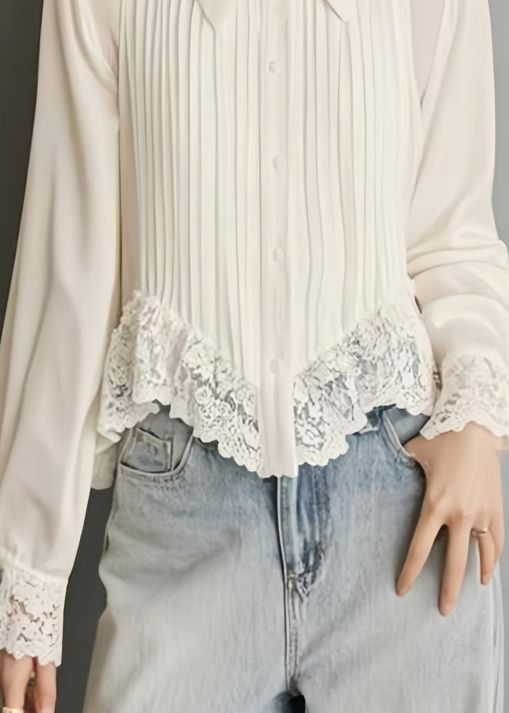 Art White Button Lace Solid Chiffon Blouses Spring