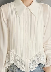 Art White Button Lace Solid Chiffon Blouses Spring