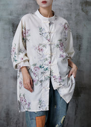 Art White Chinese Button Print Cotton Blouses Summer