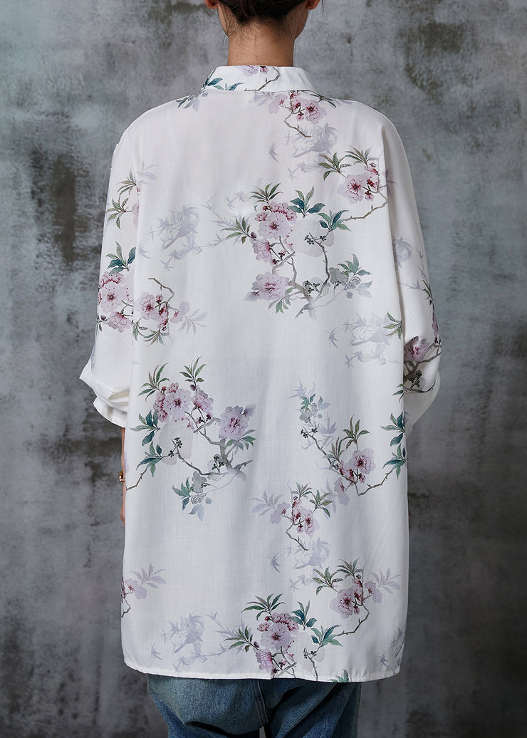 Art White Chinese Button Print Cotton Blouses Summer