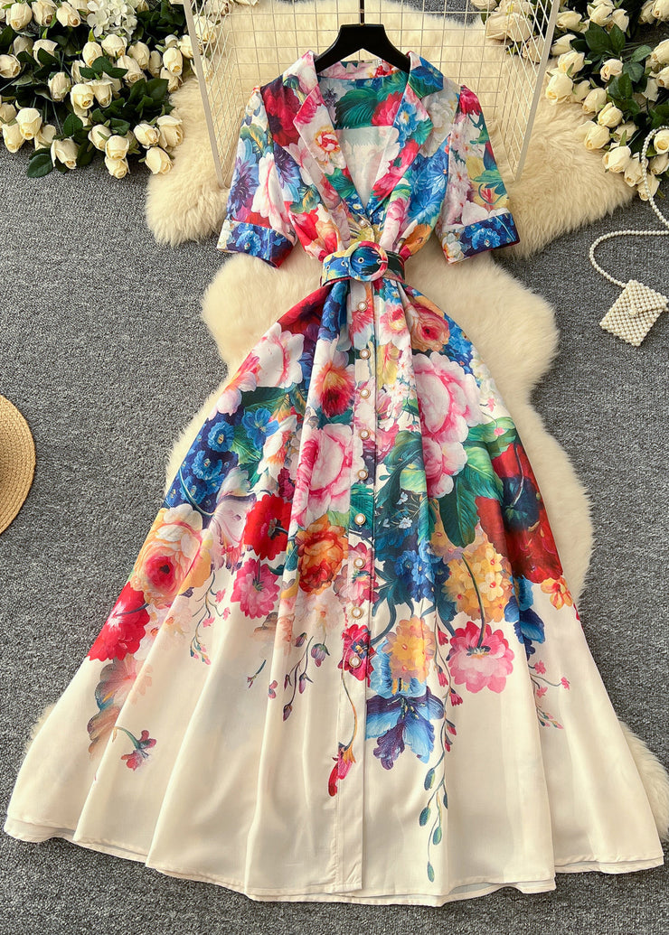 Art White Cinched Print Cotton Robe Dresses Summer