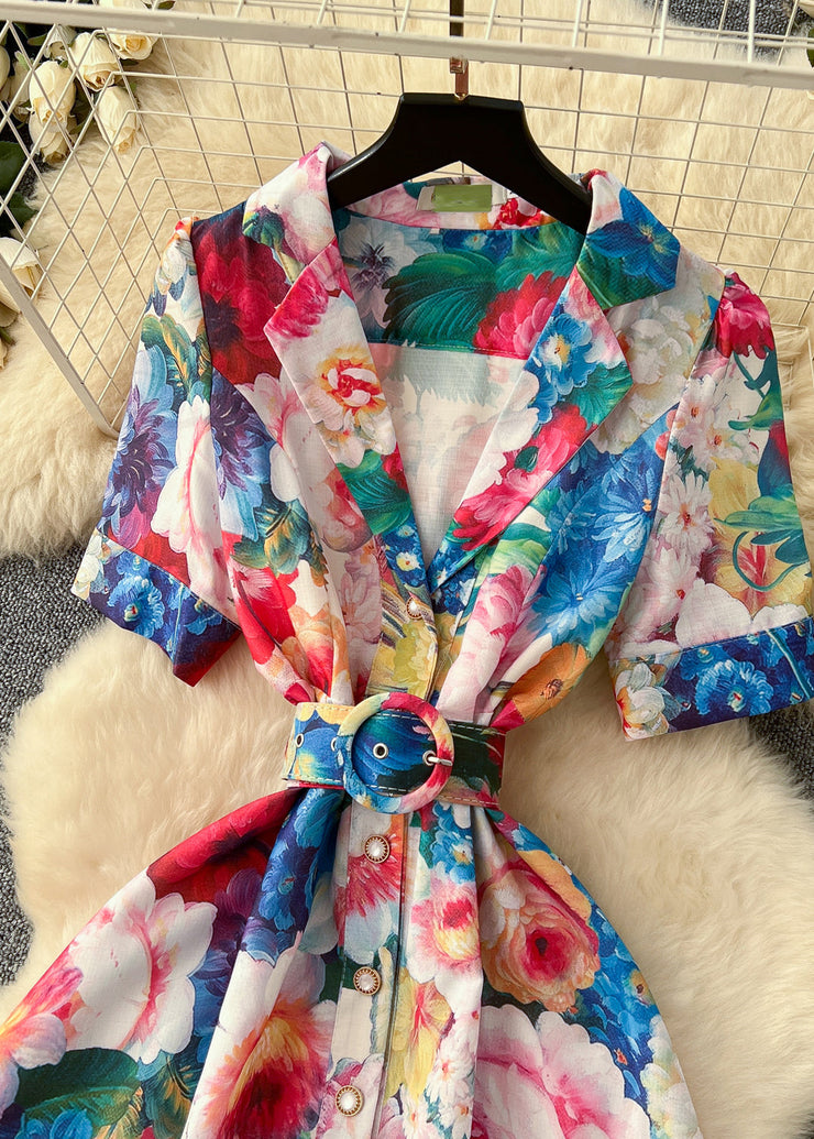 Art White Cinched Print Cotton Robe Dresses Summer