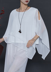 Art White Cold Shoulder Asymmetrical Design Chiffon Top Summer