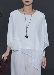 Art White Cold Shoulder Asymmetrical Design Chiffon Top Summer