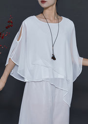 Art White Cold Shoulder Asymmetrical Design Chiffon Top Summer