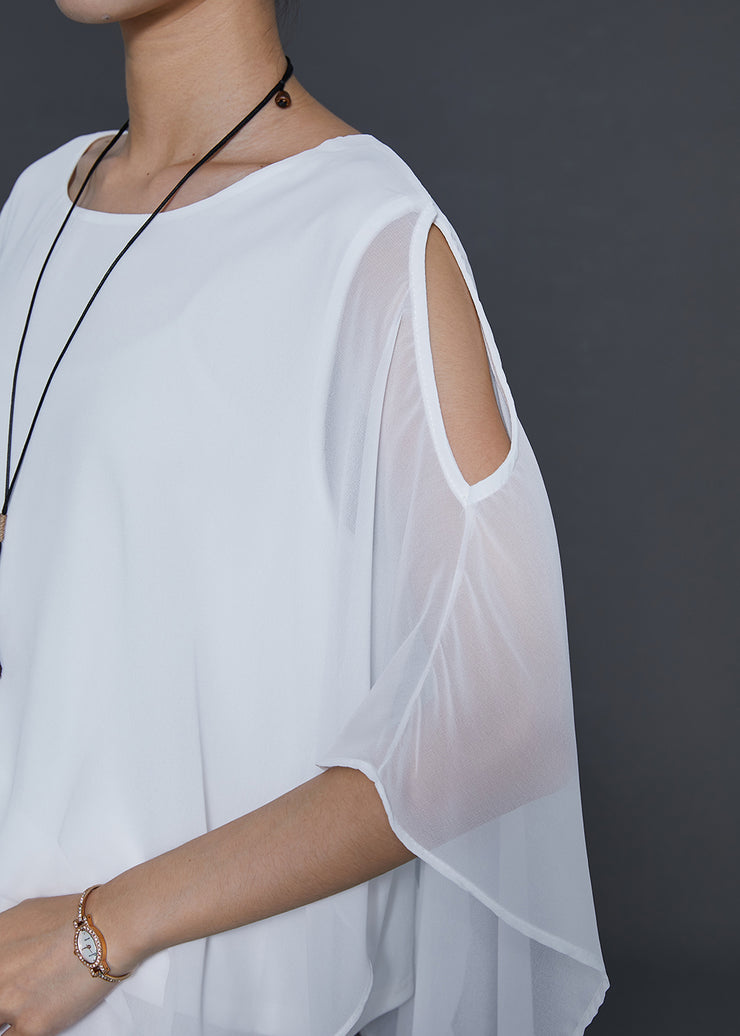 Art White Cold Shoulder Asymmetrical Design Chiffon Top Summer