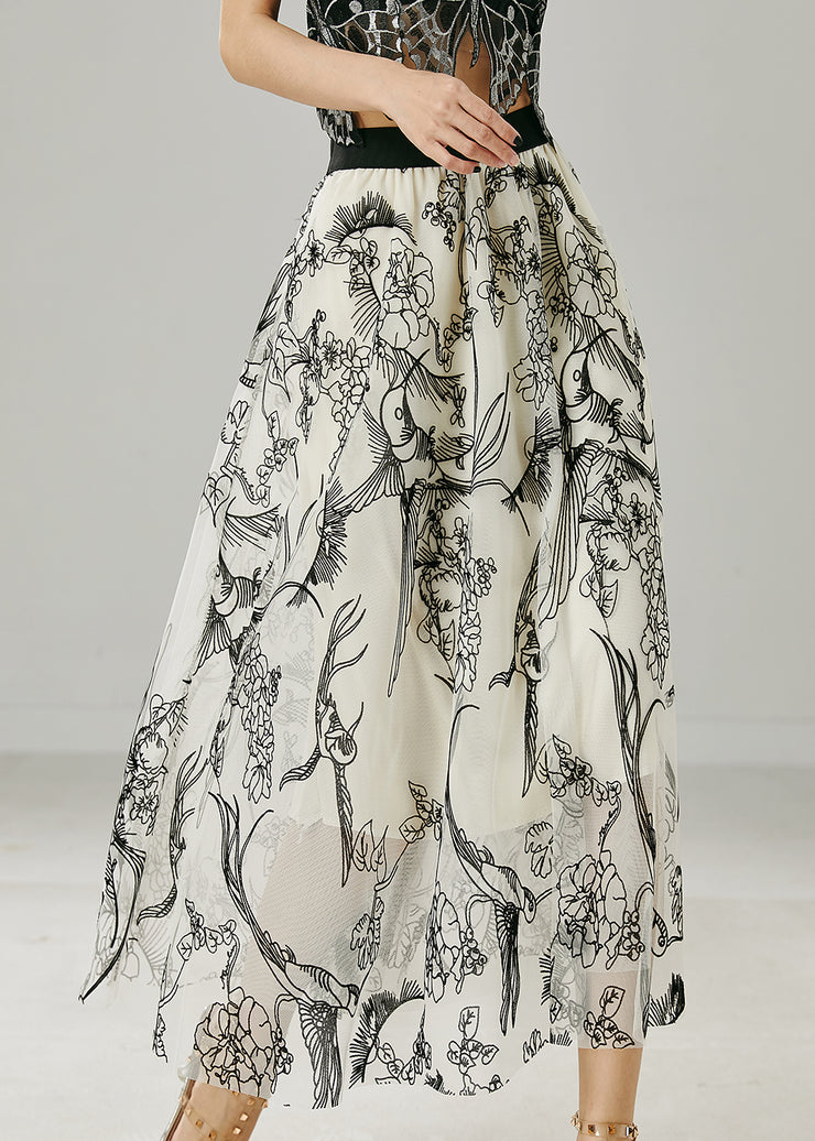 Art White Elastic Waist Print Tulle Skirts Summer