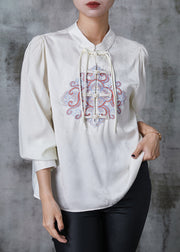 Art White Embroidered Chinese Button Silk Blouse Top Spring