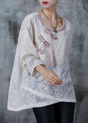 Art White Embroidered Chinese Button Tasseled Shirt Spring