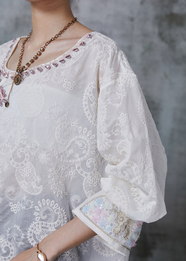 Art White Embroidered Chinese Button Tasseled Shirt Spring