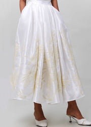 Art White Embroidered Pockets High Waist Silk Skirts Spring