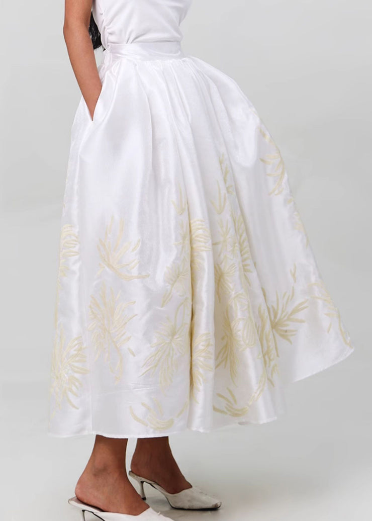 Art White Embroidered Pockets High Waist Silk Skirts Spring